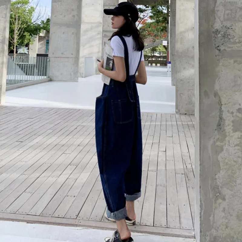 Autumn Overalls Jeans Woman Casual Vintage Loose Woman's Big Pocket High Waist Korean Suspender Denim Womens | Женская одежда