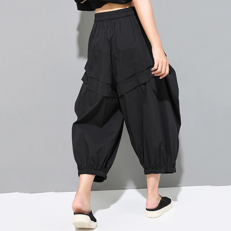 

[EAM] 2021 New Spring Autumn High Elastic Waist Spliced Pleated Simple Loose Big Size Pants Women Trousers Fashion Tide JY907