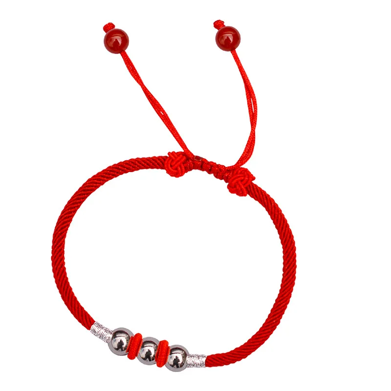 Настоящее чистое серебро 999 пробы круглые бусины Lucky Red Rope ручной работы браслет