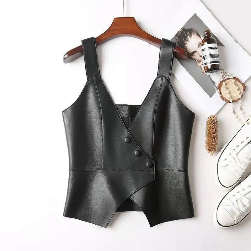 

Women 2021 Spring Autumn Casual PU Leather Short Vest Female Ruffles Solid Button Sleeveless Waistcoat Ladies Elegant Vests