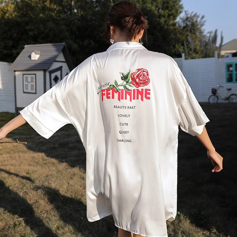 

Female New Nightdress Casual Women Sleepwear Satin Sleepshirt Loose Dress White Print Flower Night Shirt Intimate Lingerie