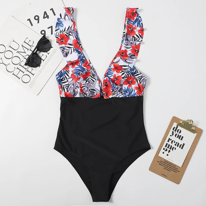 

Sexy V Neck One Piece Swimsuit Women Swimwear 2021Trikini Leaf Printed Bathing Suit High Waist Ruffle Swimming Suit Beach Wear