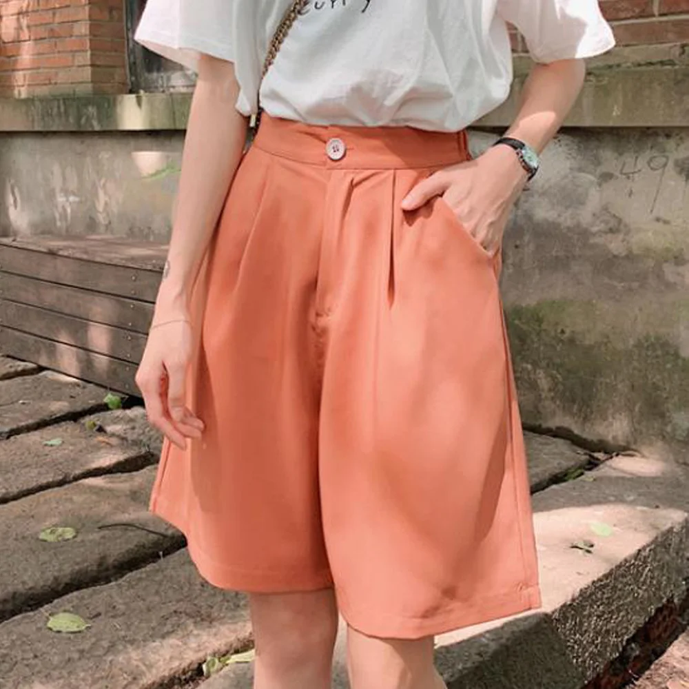 

Shorts Women Summer Loose Solid Korean Style Sweet Students Chiffon Wide-leg Knee-length Harajuku Casual Simple Oversize Trouser