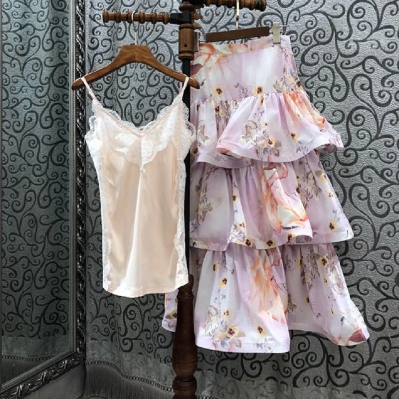 

High Quality Skirt Suits 2021 Spring Summer 2 Piece Set Women Lace Patchwork Strap Tops+Cascading Ruffle Sexy Long Maxi Skirts
