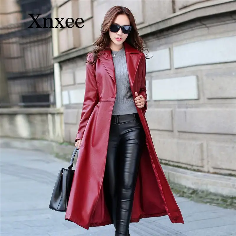 Red Elegant Faux Leather Long Jacket Female Women Autumn Winter Slim Single Breasted Lapel Leather Trench Coat Outwear office