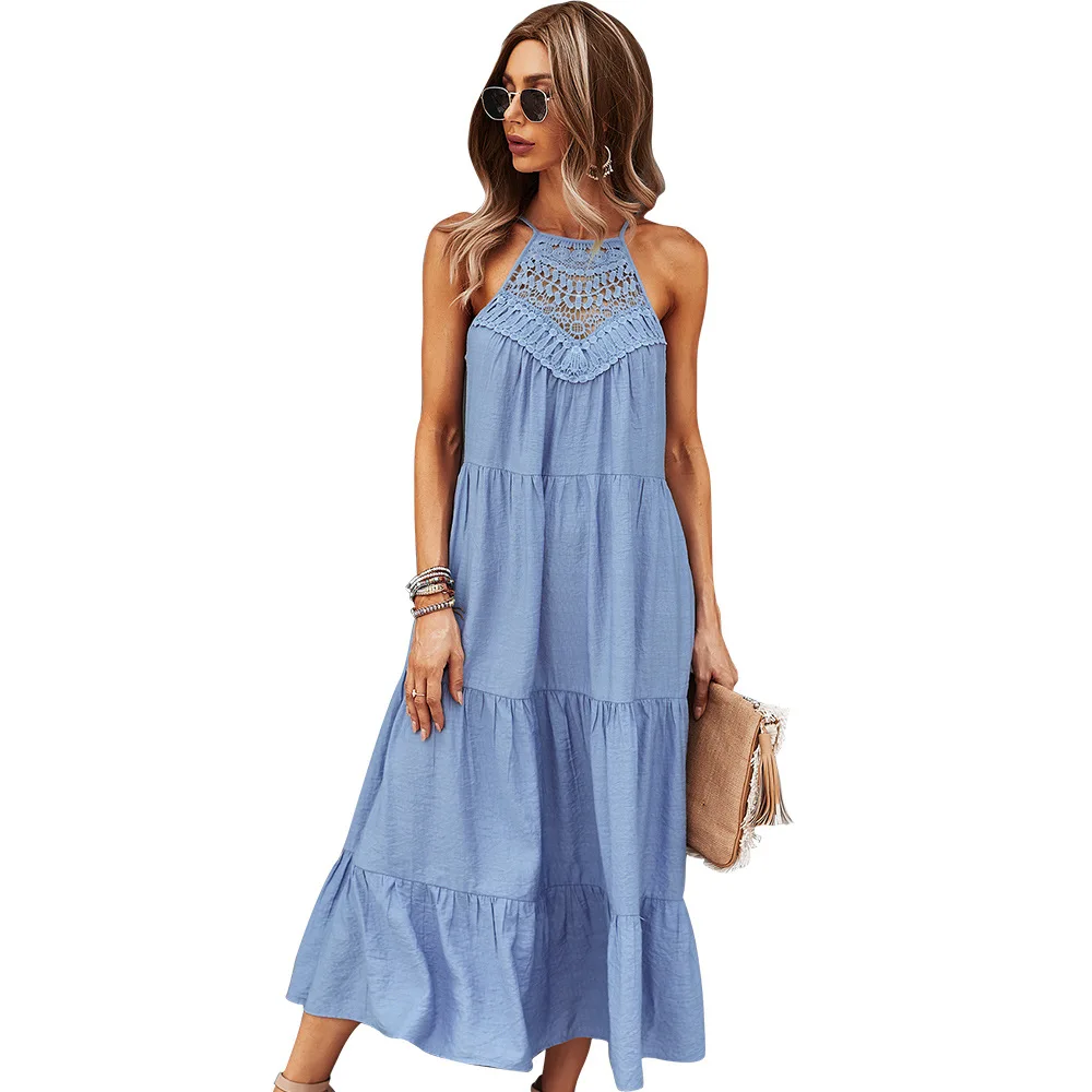 

Fashion Halter Neck Dress 2021 Pure Color Stitching Large Swing Mid-length Dress Blue Green Red Dresses