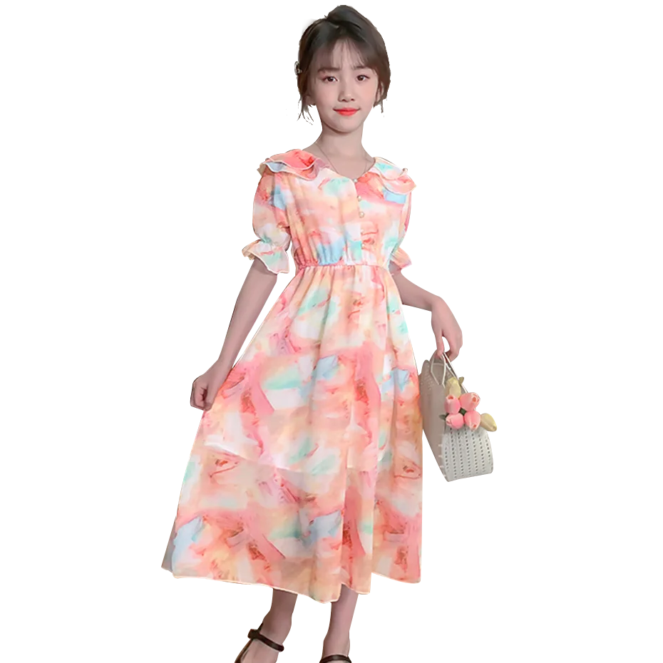 Summer Dress For Girls Floral Pattern Girl Beach Behemian Children Sun Dresses Double-layered Kids Costume | Детская одежда и