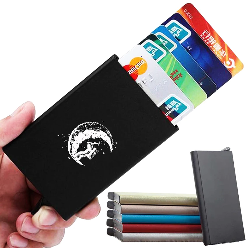 Digging The Moon Custom Name RFID Credit Card Holder Men Slim Anti Protect ID Metal Aluminum Pay Wallet C |