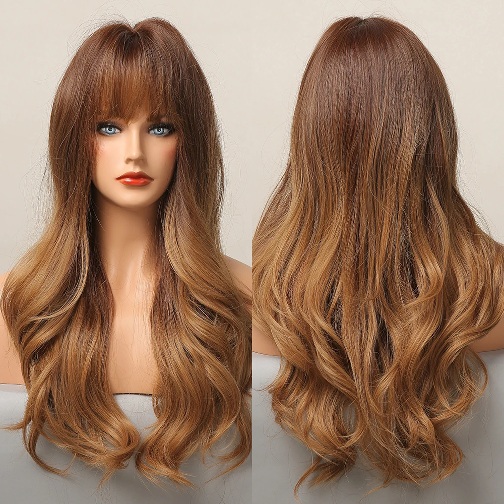 

Ombre Brown Synthetic Wigs with Full Bangs Natural Long Wavy Wigs for Black Women Heat Resistant Fiber Cosplay Wigs Daily Party