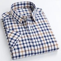 mens 100 cotton plaid striped short sleeve shirt single patch pocket button down holiday youthful casual checkered thin shirts