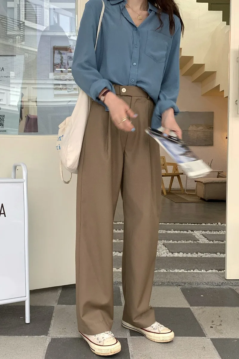 

Wavsiyier Korean 2020 Suit Loose Autumn Trousers Women High Waist Winter Casual Solid Plus Size Pant Wide Leg Straight Office