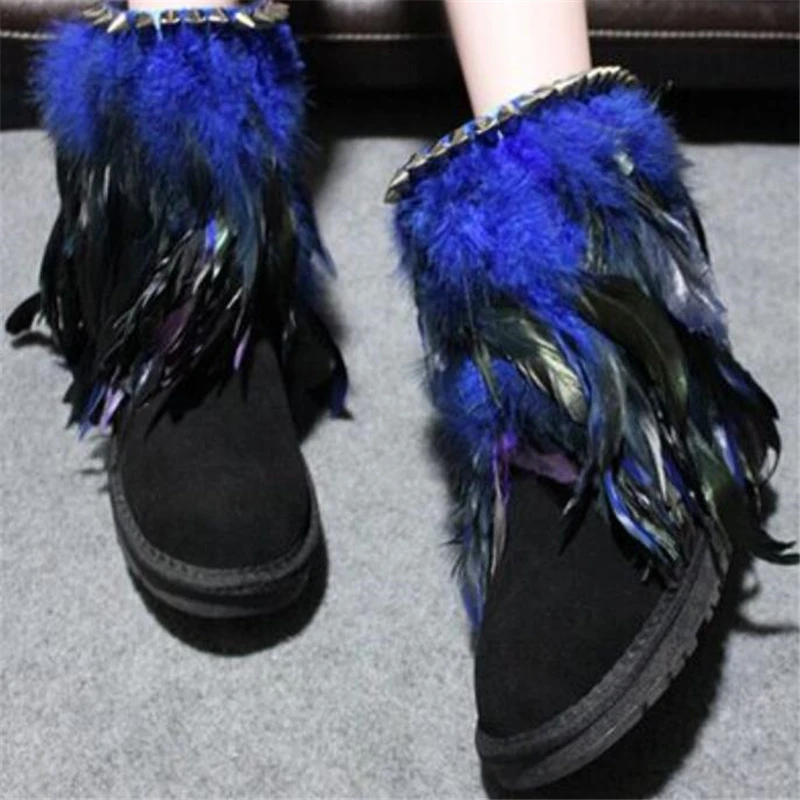 

2020 Winter Fashion Genuine Leather Cowhide Mid Calf Snow Boots Women Color Feather Rivet Luxury Personality Warm Cotton Shoes