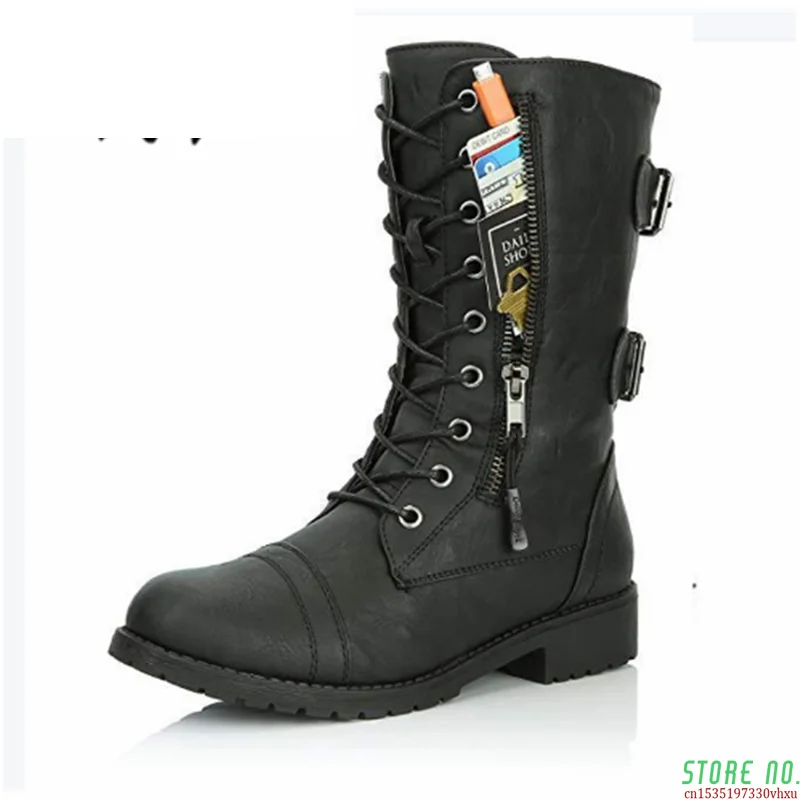 

Women Boots Zip Buckle Military Combat Boots Credit Card Pocket Booties Lace Up Black Shoes Motorcycle Boots Big Size