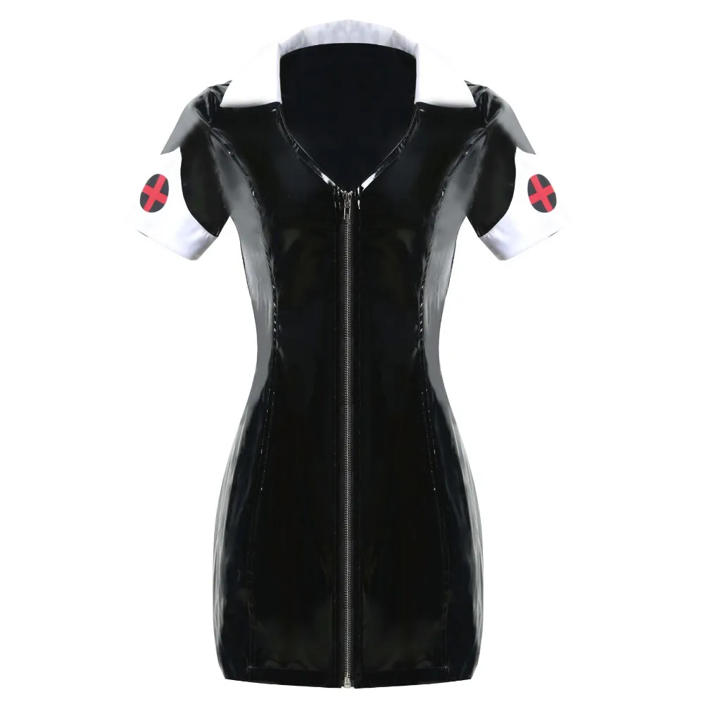 

2021 New Women Sexy Black PVC Latex Dress Erotic Zipper Faux Leather Dress S-XXL Halloween Nurse Cosplay Costume