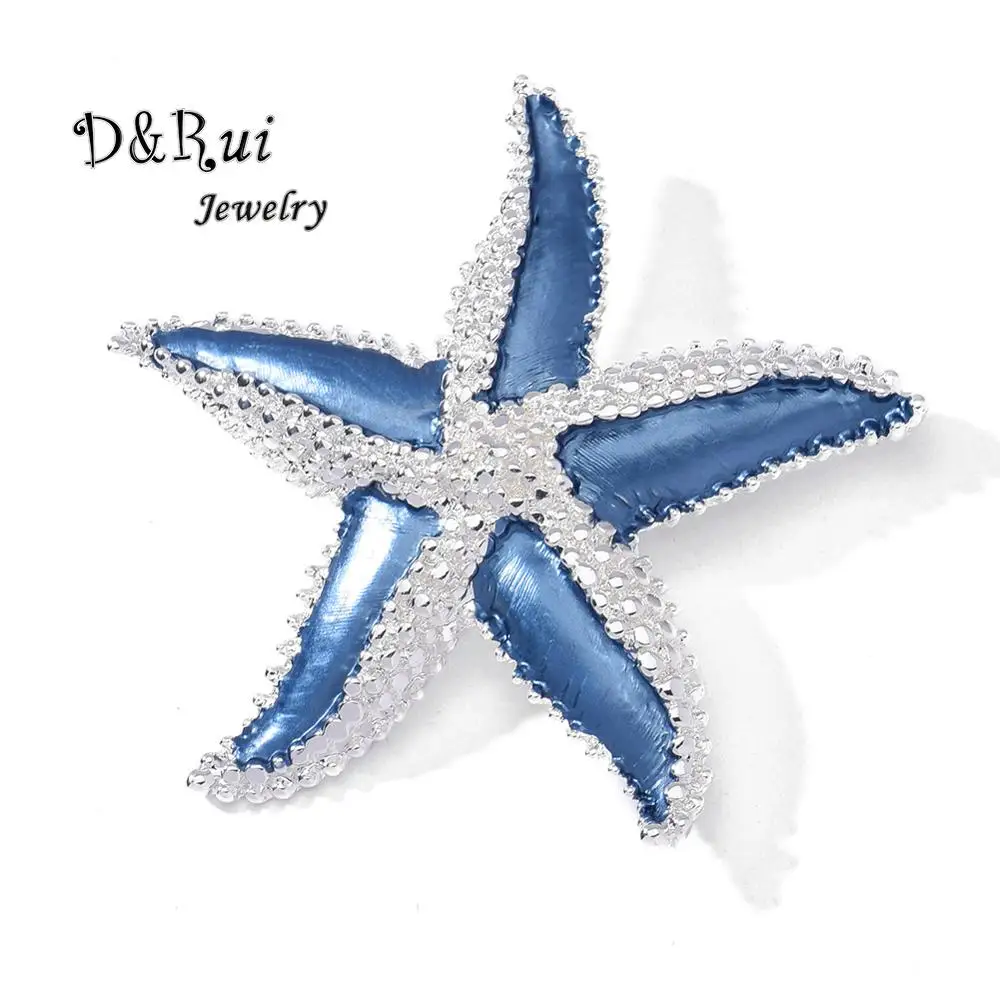 Продажа модных брошей-заколок с морской звездой для женщин. Крупная голубая эмаль, сплав металлов. Брошь-заколка на грудь в виде украшения. Модные украшения. День рождения.