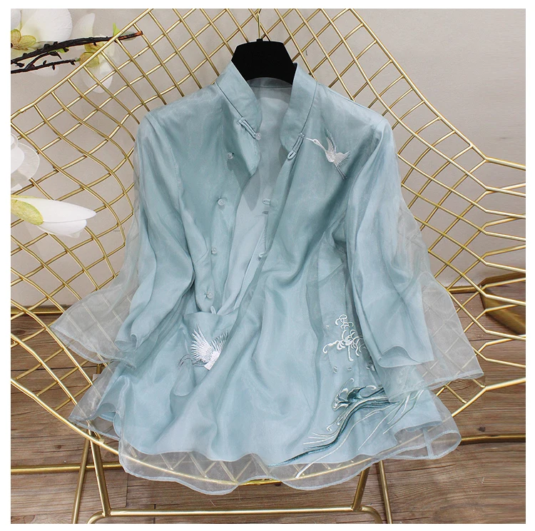 Китайская рубашка, традиционная китайская блузка, qipao Топ, шифон, длинный рукав, женские топы, чонсам, кружевная вышивка, блузка для девушек