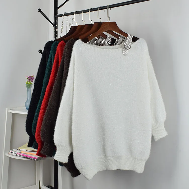 Женский свитер средней длины Белый свободный трикотажный со стразами и дырками