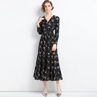 2022 spring runway designer v neck black dresses womens long sleeve vintage print retro simple pleated midi dress