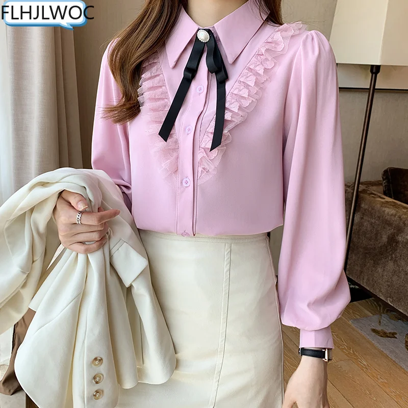 

Женская кружевная блузка с рюшами, элегантная белая или розовая винтажная блузка с бантом на пуговицах в стиле преппи, в японском и корейско...