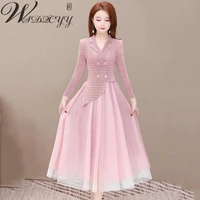 korean fashion fake two peice dress women mesh patchwork pleated dress spring notched collar suit dress office party vestidos