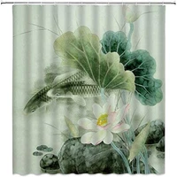 watercolor flower green leaf lotus koi bath curtains oriental pond fresh ink painting waterproof cloth with hook bathroom decor