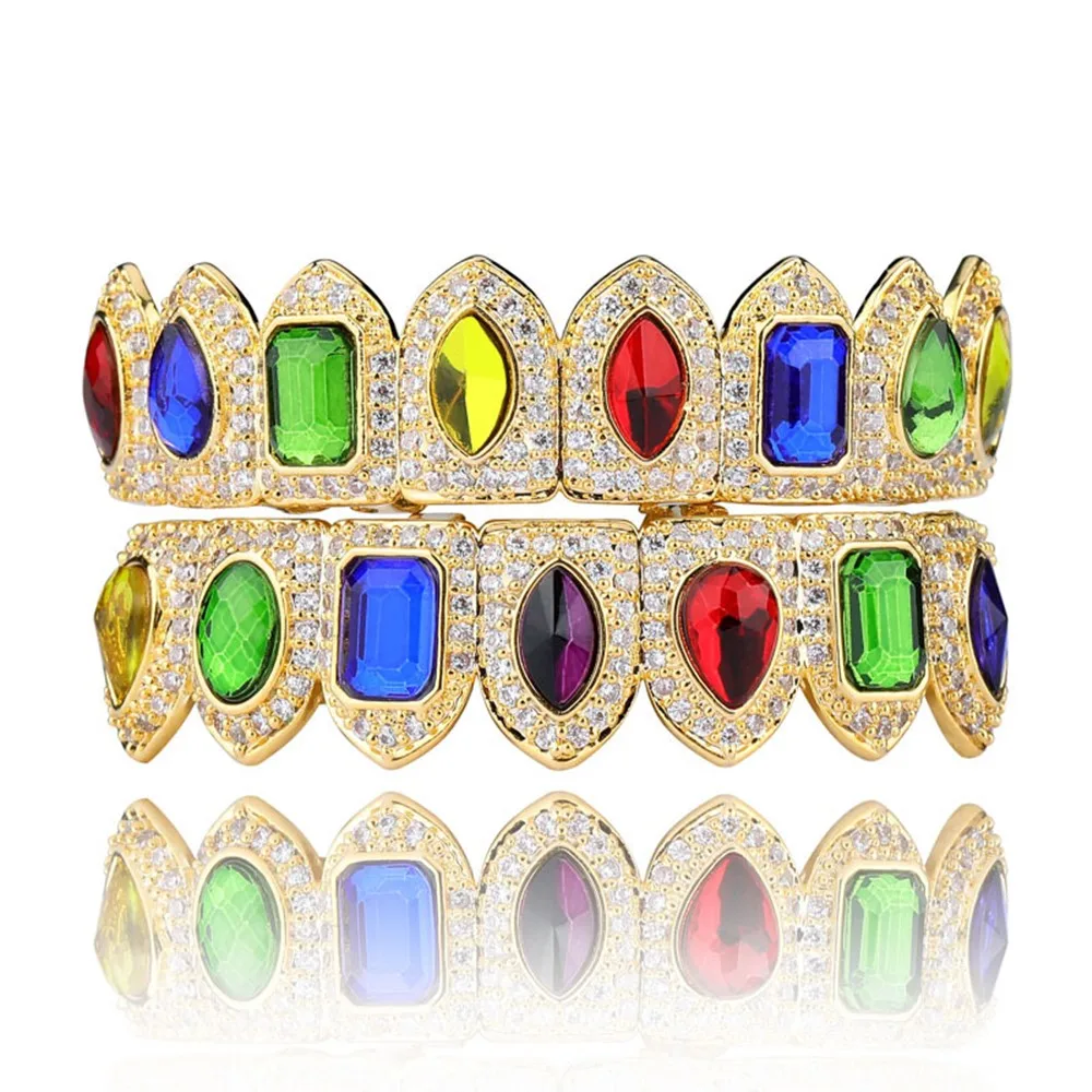 Хип-хоп грили для зубов со льдом из красочного кубического циркония 8 верхних и