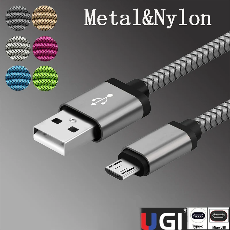 UGI 3 ~ 10 футов Алюминиевый металлический нейлоновый плетеный кабель Тип C Micro USB Data