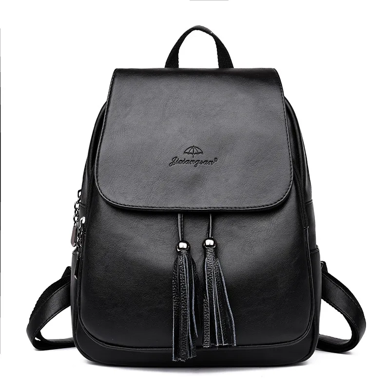 BLACK Рюкзак Mochila Mujer из натуральной кожи с кисточками, школьный рюкзак на плечо для женщин, рюкзак для девочек-подростков, рюкзак - Цвет: BLACK