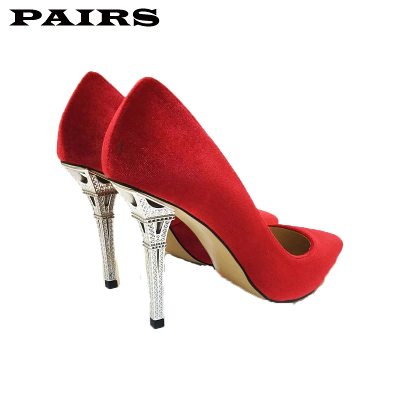

Red Velvet Lady Sexy Pumps Shoes Metal Heel Strange Heel Slip on Single Spring Shoe Party Sapatos Mujer Pointy Toe Plus Size 43