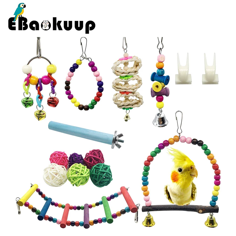 

Ebaokuup 15 шт. попугай качели игрушки птица клетка висячие жевательные альпинистские игрушки набор для любящих птиц, тараканов, Budgies натуральное дерево