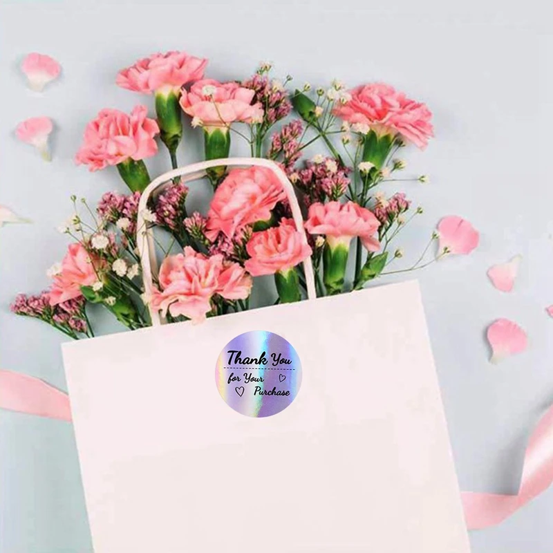 

500 pcs/roll Laser Gradient Color Thank You Stickers 1.5inch Round PVC Decor Decals for Cookies Take-out Gift Package Seal Label