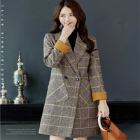 large size fashion loose lapel double breasted mid length plaid slim jacket 2021 autumn new womens pockets pockets