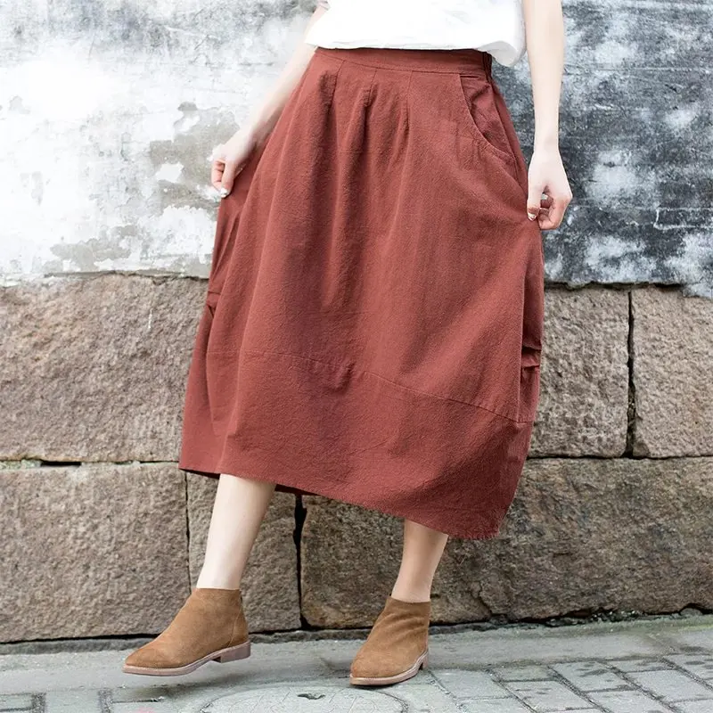

Japan Harajuku Mori Girl Cotton and Linen Loose Waist Pure Color Skirt Female Ethnic Vintage Long Lantern Skirt Women Clothing