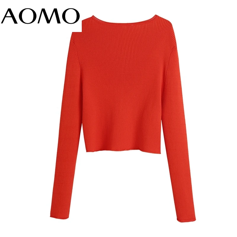 

AOMO Women Red Knit Crop Cardigan Sweater Vintage V Neck Long Sleeve Female Outerwear Chic Tops BE144A