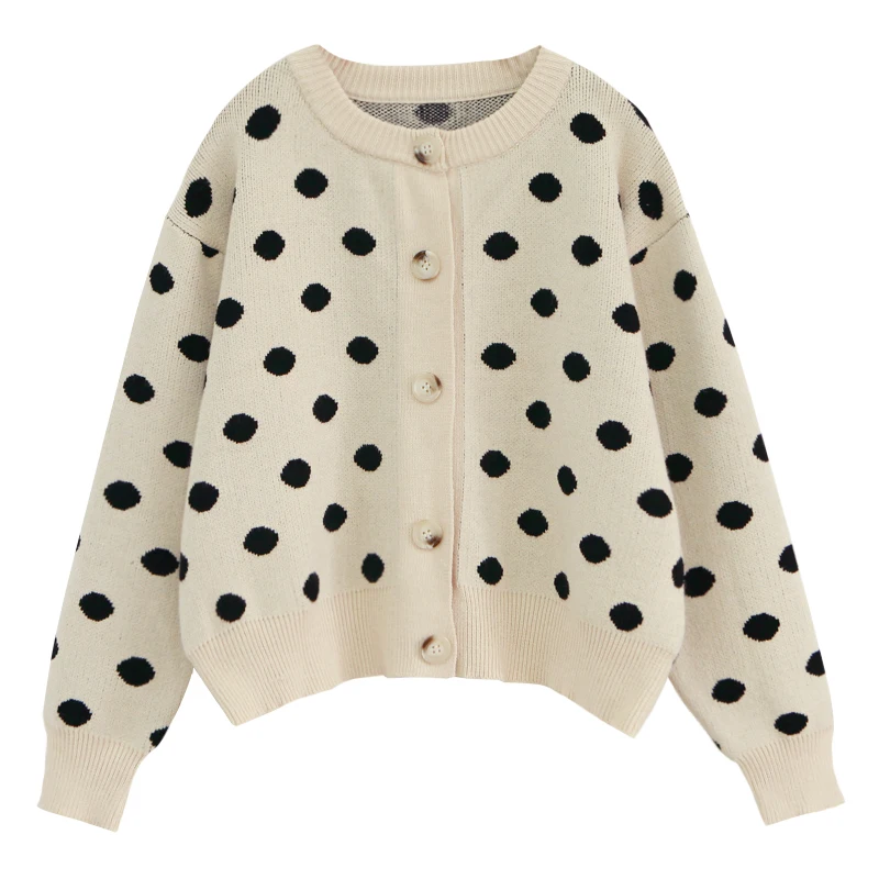 

Korean Style O-neck Cardigan Knitted Sweater Coat Female 2019 Autumn and Winter New Dot Single-breasted Women's Sweater Coat