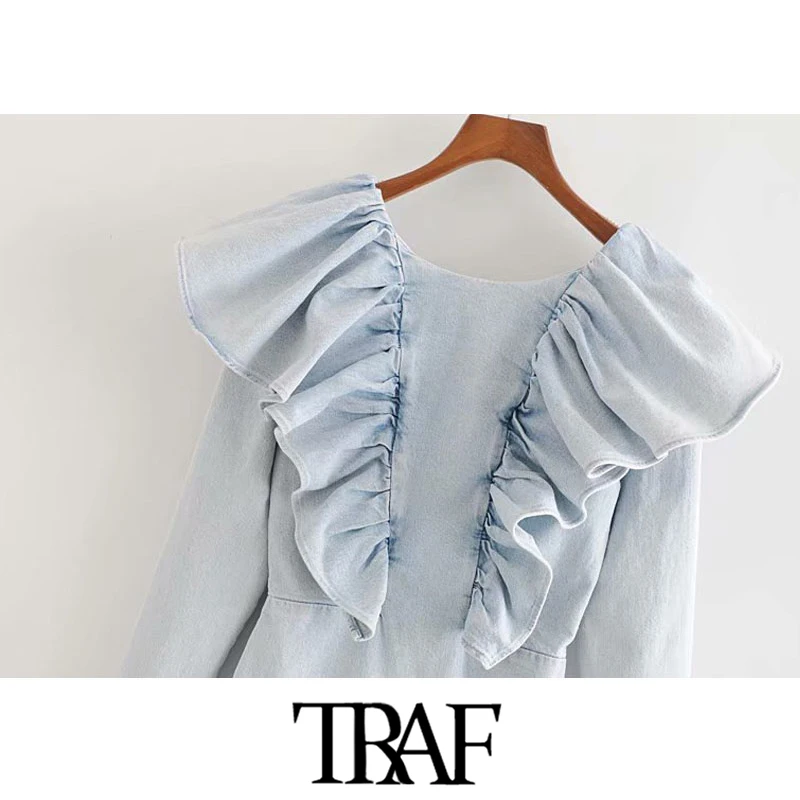 

TRAF Women Chic Fashion Ruffled Denim Mini Dress Vintage O Neck Long Sleeve Back Zipper Female Dresses Vestidos Mujer