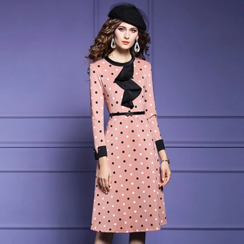 

2021 New High Waist Print A-line Dresses with Belt Fashion Full Sleeve Polka Dot Casual Dress Women Spring and Autumn O-neck