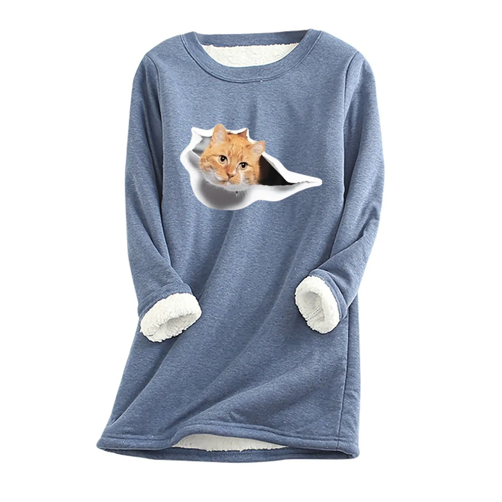 

2021 New Cat Printed Women Sweatshirt Female Thick Fleece Printing Sweatshirt Warm O-neck Long Sleeve Plush