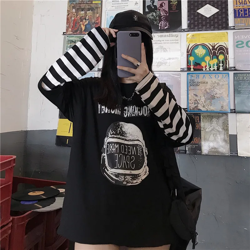 Woherb свободная футболка с длинным рукавом для женщин Harajuku поддельные 2 шт Полосатый Повседневный Топ с буквенным принтом свободные футболки уличная одежда для женщин