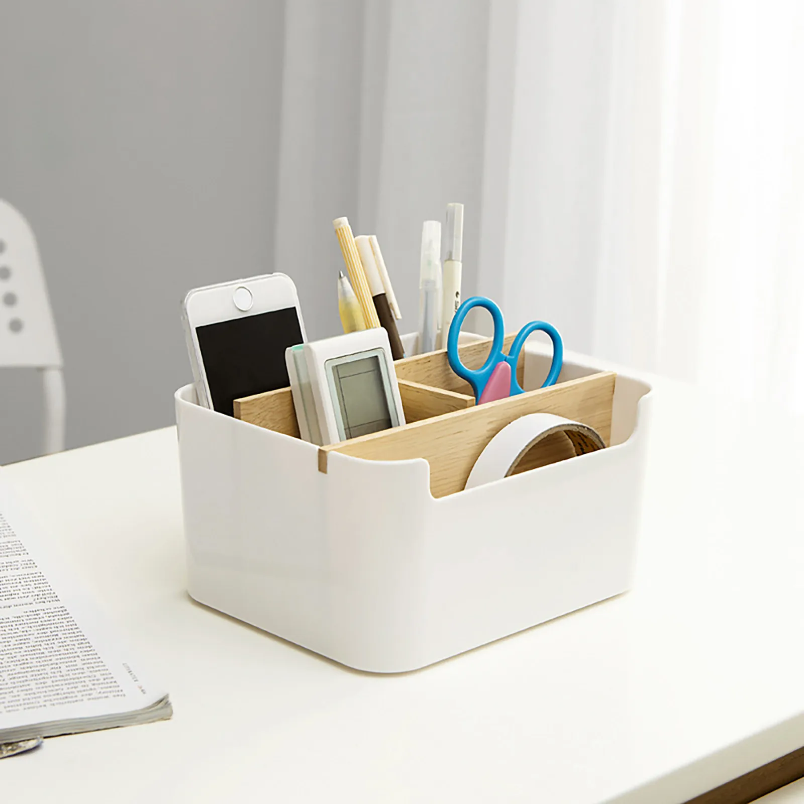 

Bamboo Cosmetic Box Desktop Storage Box Cosmetics Organizing Office Plastic Shelves Sundries Box Detachable Wood Abs Organiser