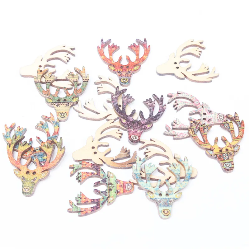 

50pcs Mixed Retro Deer Head 2-Hole Wooden Buttons For Clothing Crafts DIY Scrapbooking Home Decoration Sewing Accessories WD0364