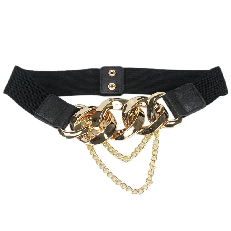 Punk Women Belts With Chain Silver Buckle Wide PU Leather Waist Strap For Jeans Trousers Casual Black Ladies Female Waistband
