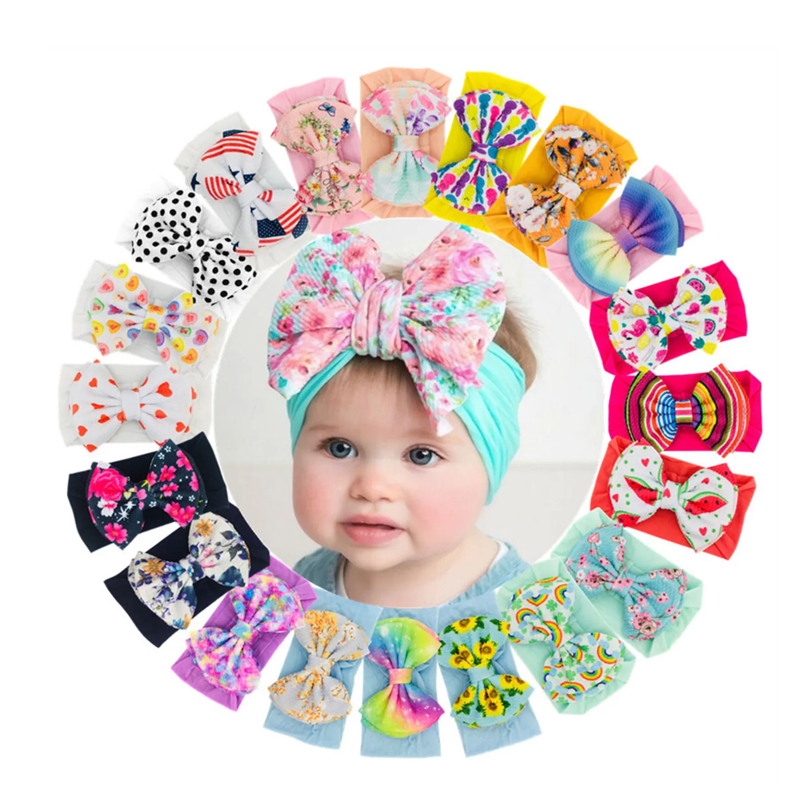 

New Bohemia Elastic Printed Flower Kids Headband Newborn Infant Knot Bows Headwraps Baby Girls Headwear Cute Gifts Photo Props