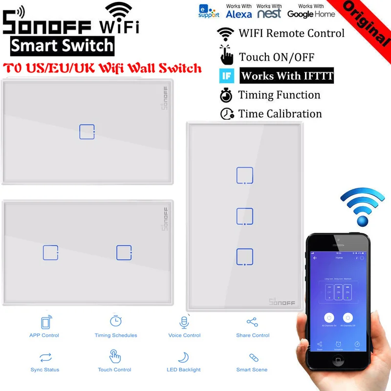 Интеллектуальный выключатель света SONOFF T0US/EU TX Wi Fi Смарт настенный светильник