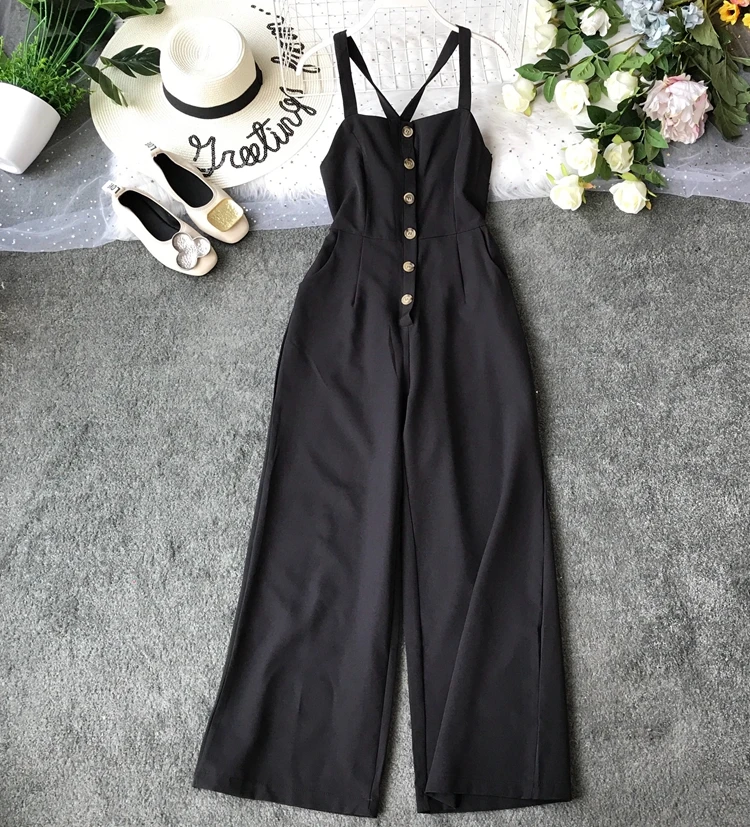 Новинка 2019 модная женская одежда черный комбинезон с широкими штанинами и