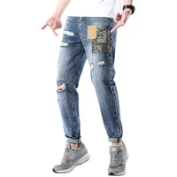 new mens ripped retro blue jeans casual slim straight leg printed mens jeans plus size personalized beggar jeans 36 38