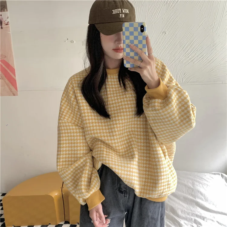

Sweater Trendy Autumn and Winter 2021 New Women's Design Sense Niche Chessboard Grid Loose Korean Top Small