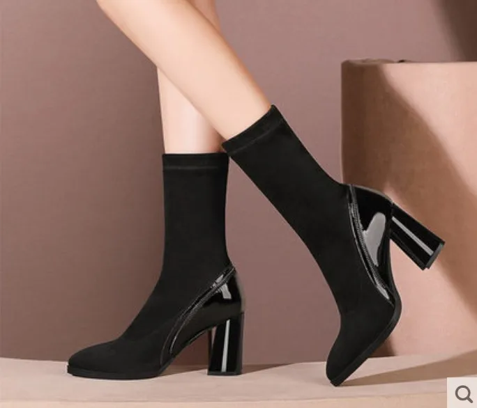 Зимние женские вязаные сапоги носки туфли лодочки пикантные с рукавом и круглым