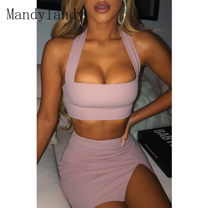 Mandylandy-Conjunto de dos piezas para mujer, Top corto de cuello Halter sin mangas con cintura elástica alta, falda dividida, trajes para mujer