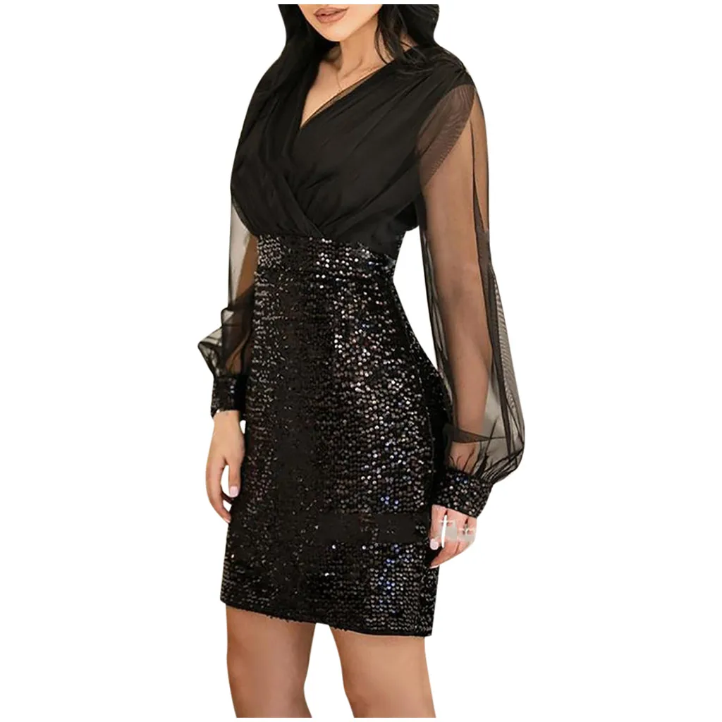 Модное женское платье с v образным вырезом Сетчатое блестками повседневное